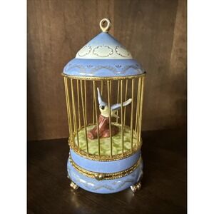 Imperial Porcelain Blue Bird in Gilded Cage Hinged Trinket Box Collectible
